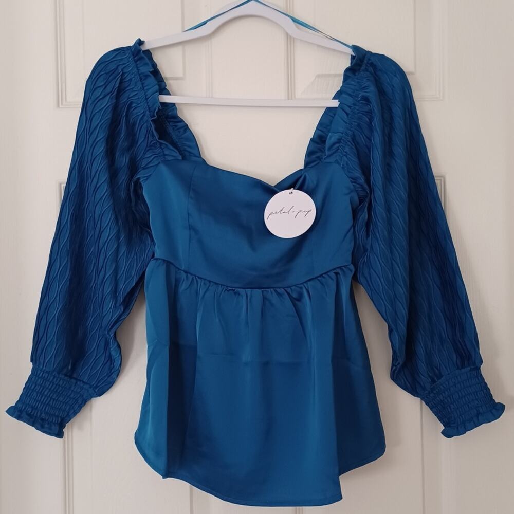 NWT Petal & Pup Teal Blue Montana Satin Babydoll Top XS/S